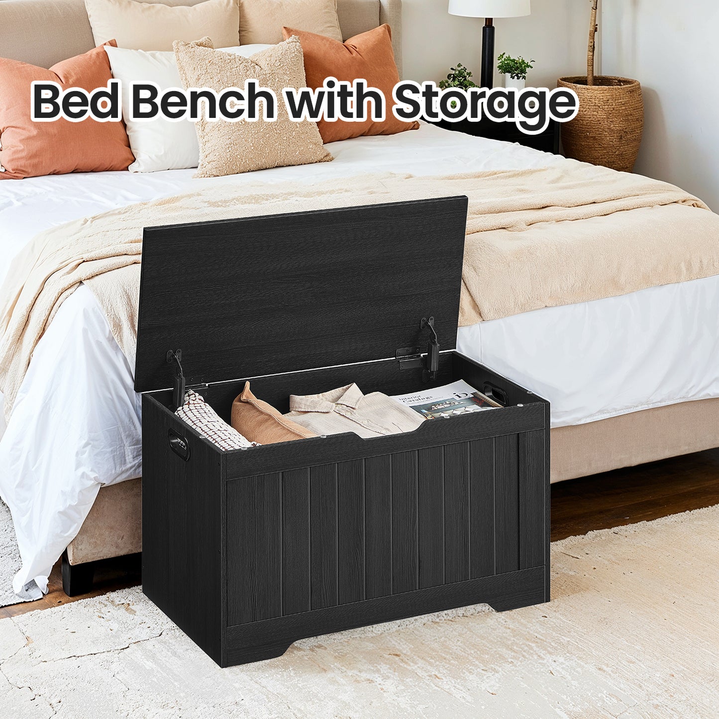 Farmhouse Storage Bench with Safety Hinges, 300lb Capacity Multi-Functional Entryway Seat, 29.9"W, Charcoal Gray