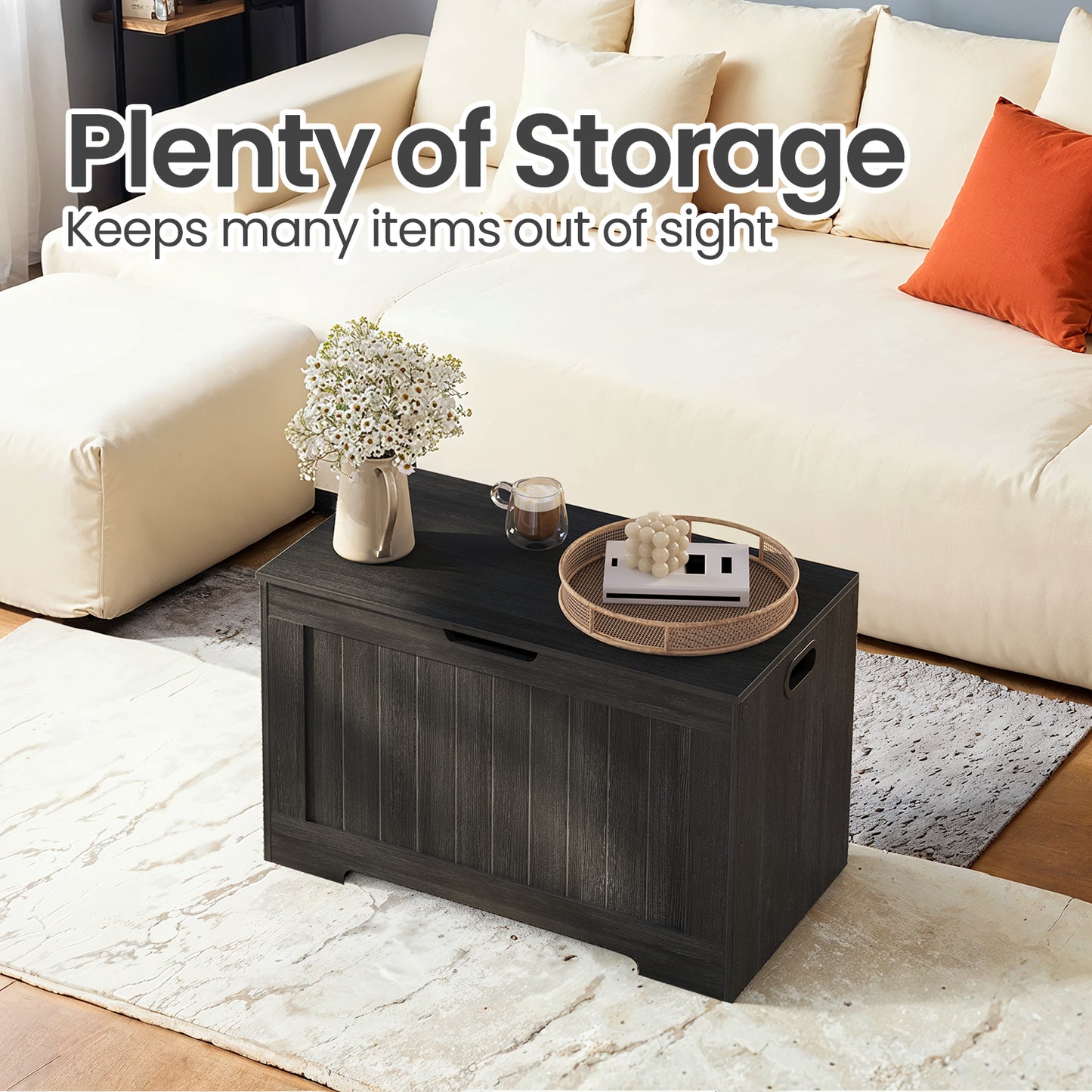 Farmhouse Storage Bench with Safety Hinges, 300lb Capacity Multi-Functional Entryway Seat, 29.9"W, Charcoal Gray