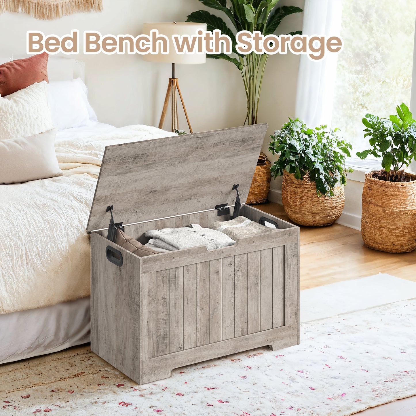 Farmhouse Storage Bench with Slow-Close Hinges, 300lb Capacity Multi-Functional Entryway Seat, 29.9"W Storage Chest, Heather Greige