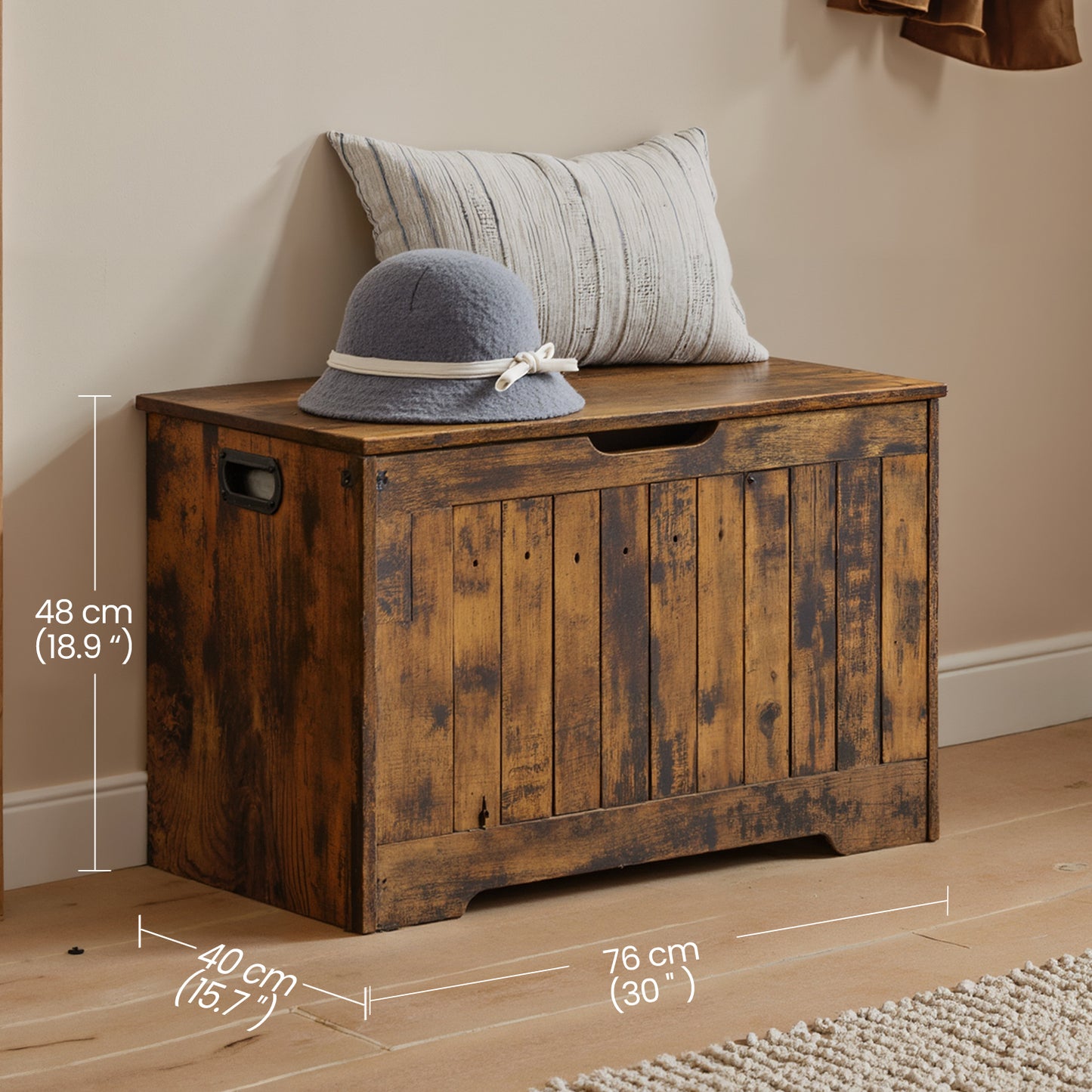 Farmhouse Storage Bench with Safety Hinges, 300lb Capacity Multi-Purpose Entryway Seat, 29.9"W x 18.9"H, Rustic Brown