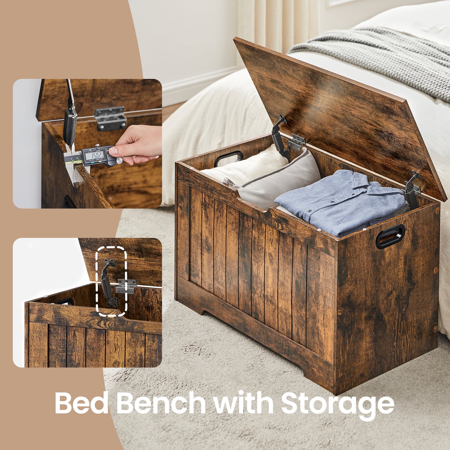 Farmhouse Storage Bench with Safety Hinges, 300lb Capacity Multi-Purpose Entryway Seat, 29.9"W x 18.9"H, Rustic Brown