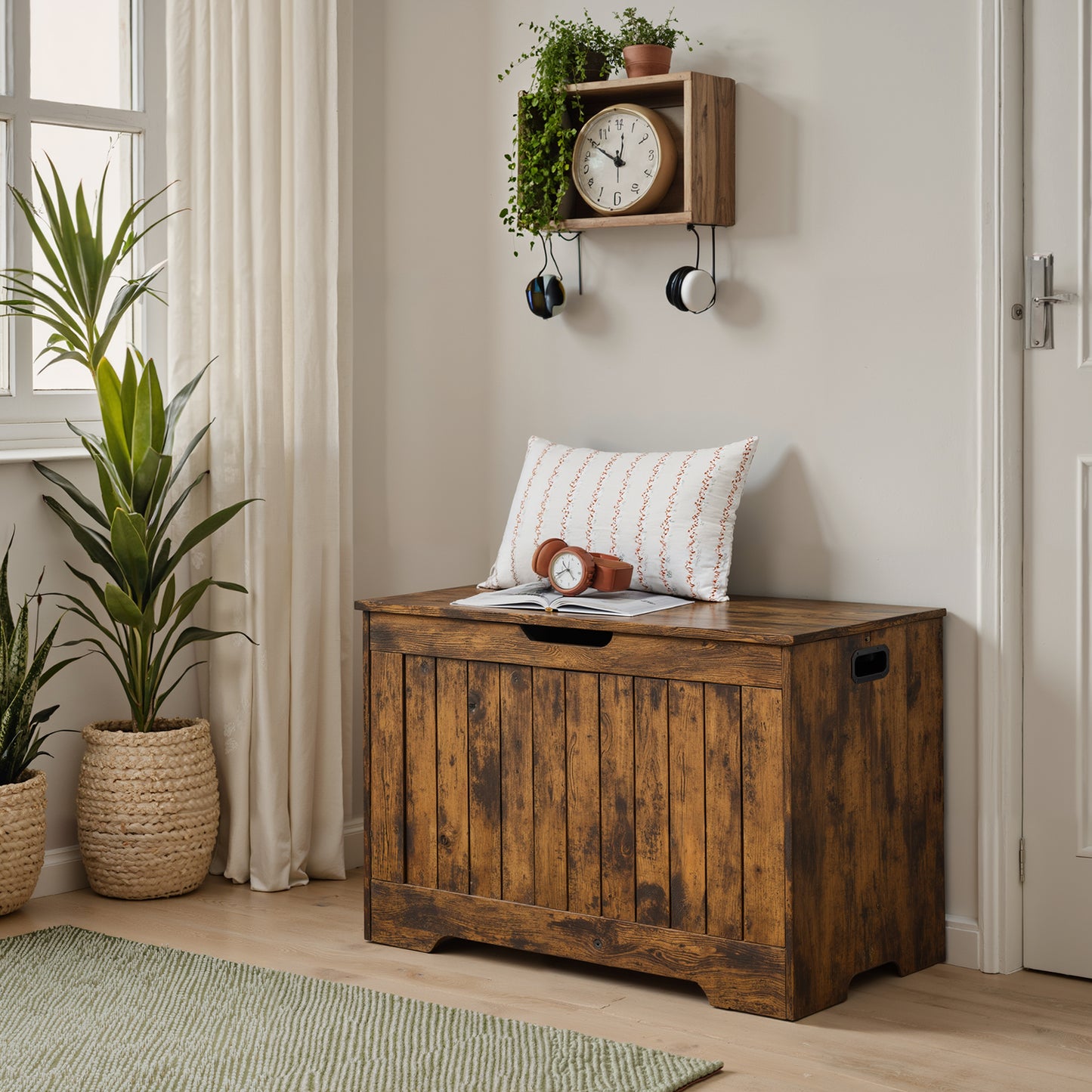 Farmhouse Storage Bench with Safety Hinges, 300lb Capacity Multi-Purpose Entryway Seat, 29.9"W x 18.9"H, Rustic Brown