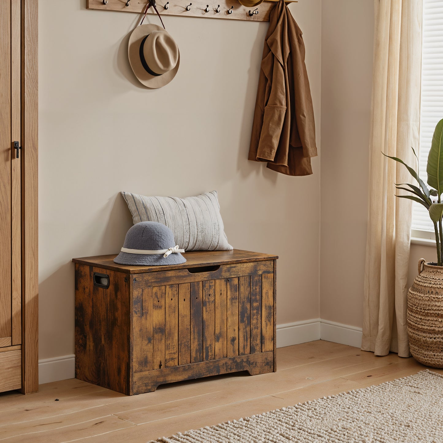 Farmhouse Storage Bench with Safety Hinges, 300lb Capacity Multi-Purpose Entryway Seat, 29.9"W x 18.9"H, Rustic Brown