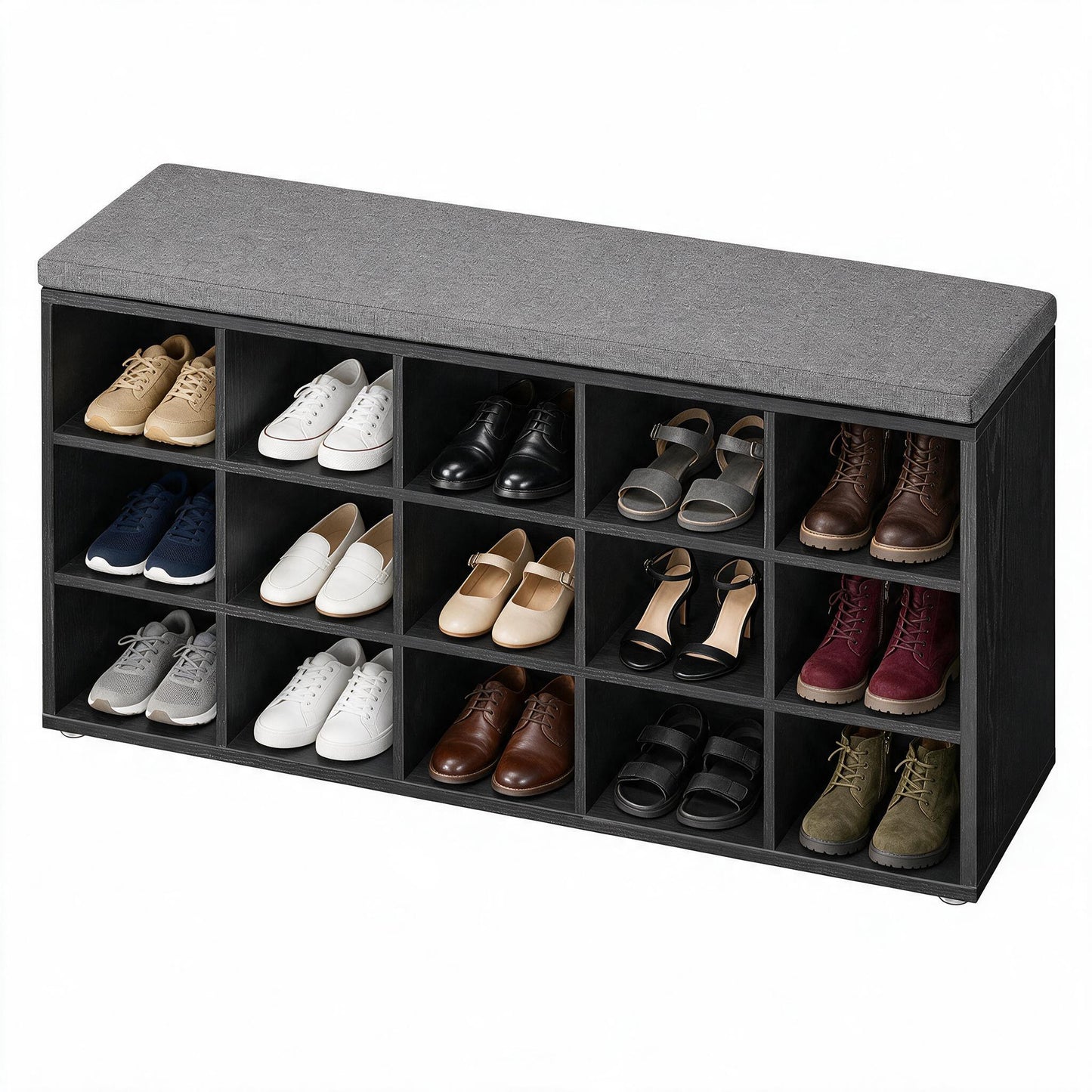 Shoe Bench, Storage Bench with Padded Seat, 15 Compartments, Adjustable Shelves, for Living Room, Hallway, Black and Gray