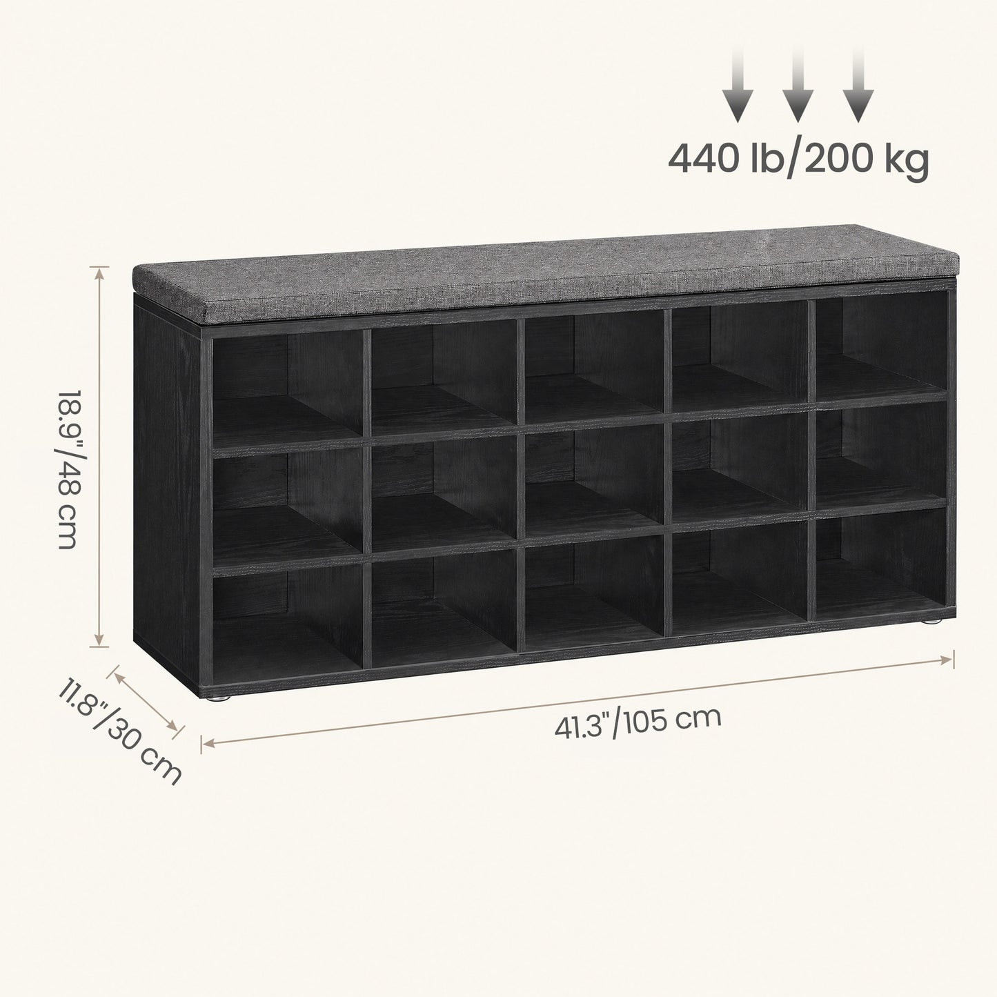 Shoe Bench, Storage Bench with Padded Seat, 15 Compartments, Adjustable Shelves, for Living Room, Hallway, Black and Gray
