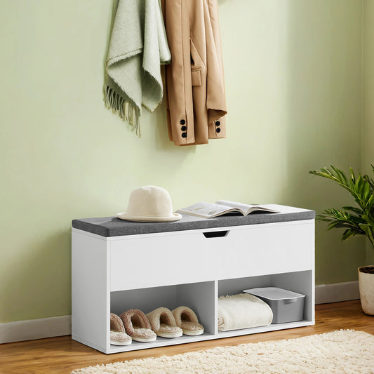 Entryway Shoe Bench with Removable Cushion, 300lb Capacity Storage Bench with 3 Compartments, 39.4"W, White and Gray