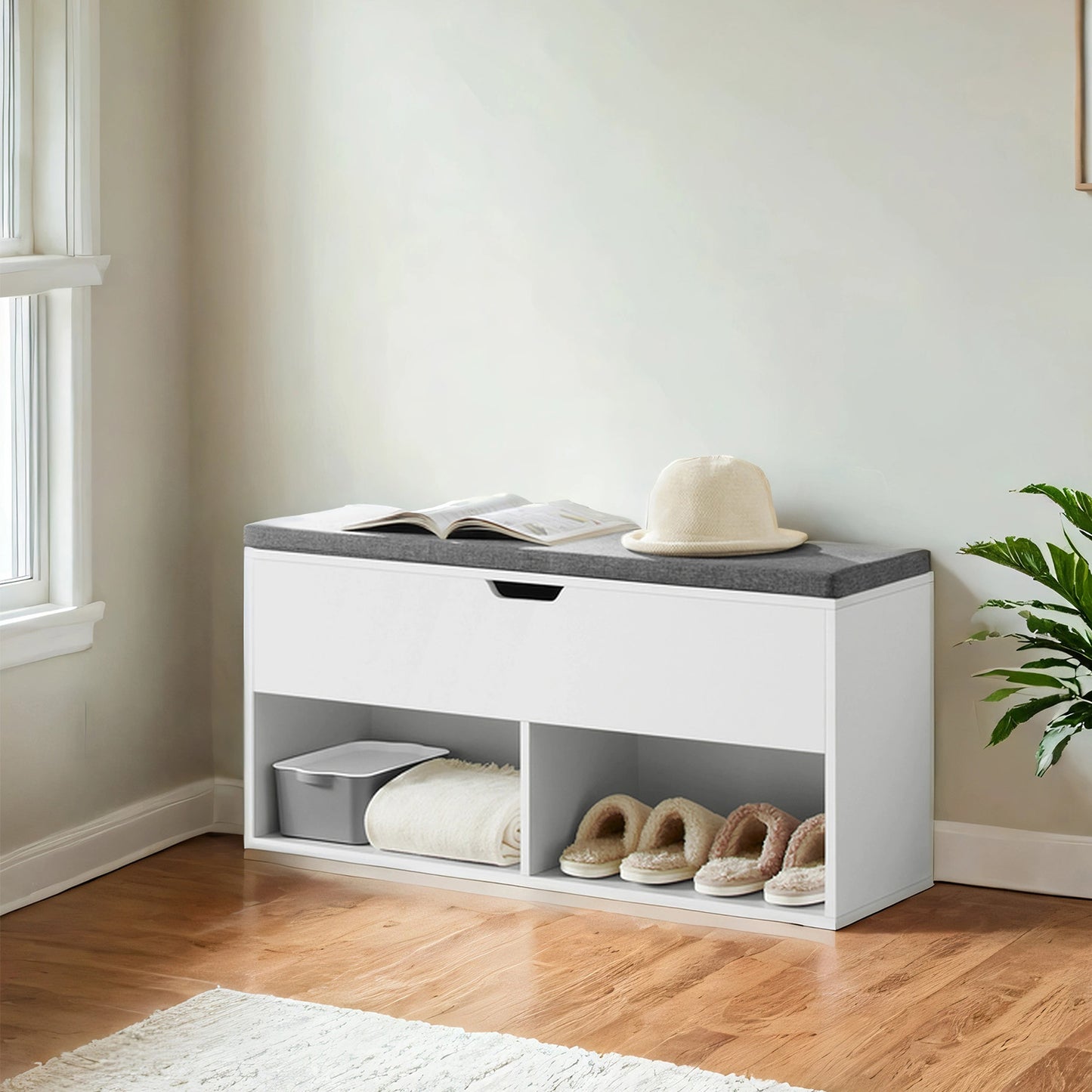 Entryway Shoe Bench with Removable Cushion, 300lb Capacity Storage Bench with 3 Compartments, 39.4"W, White and Gray