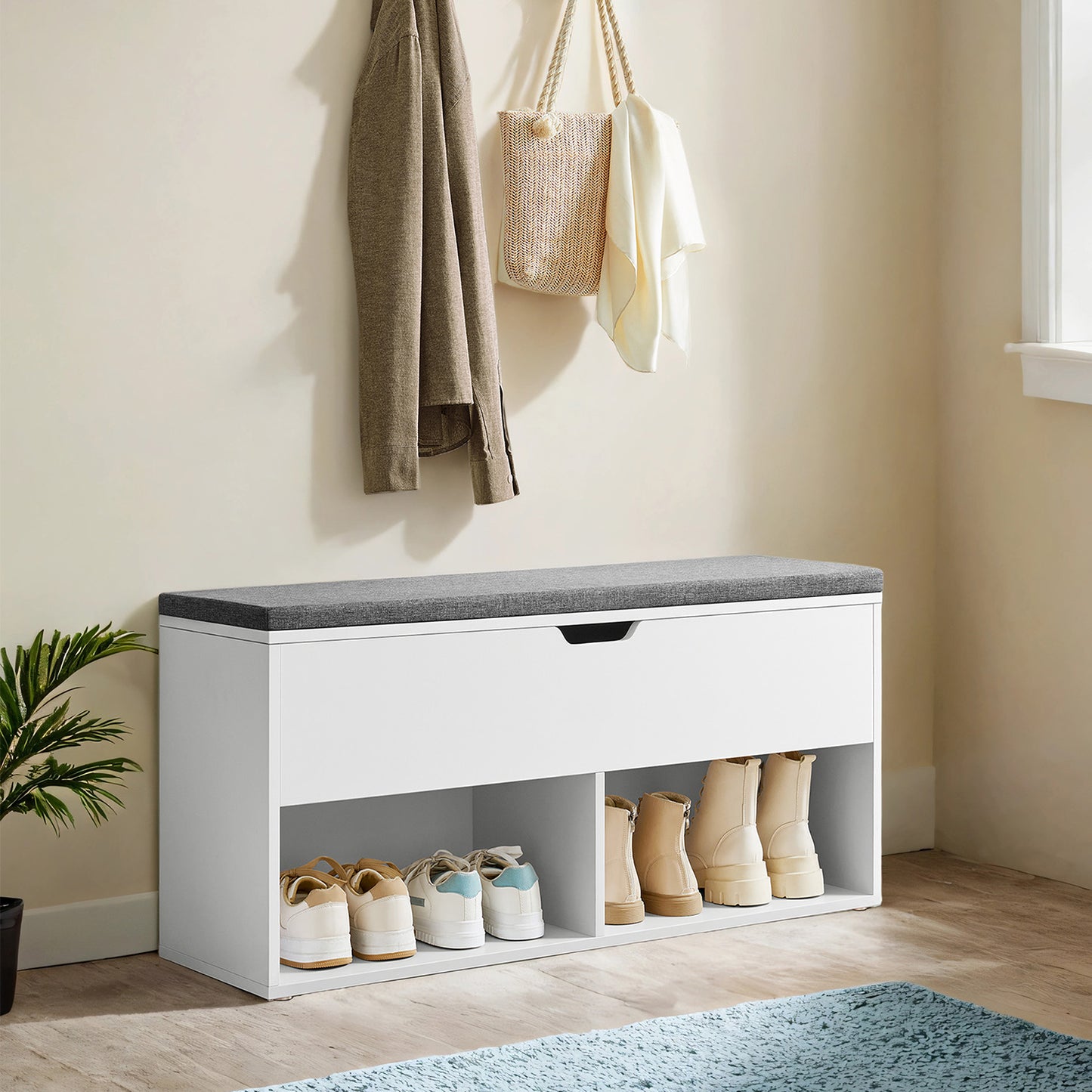 Entryway Shoe Bench with Removable Cushion, 300lb Capacity Storage Bench with 3 Compartments, 39.4"W, White and Gray