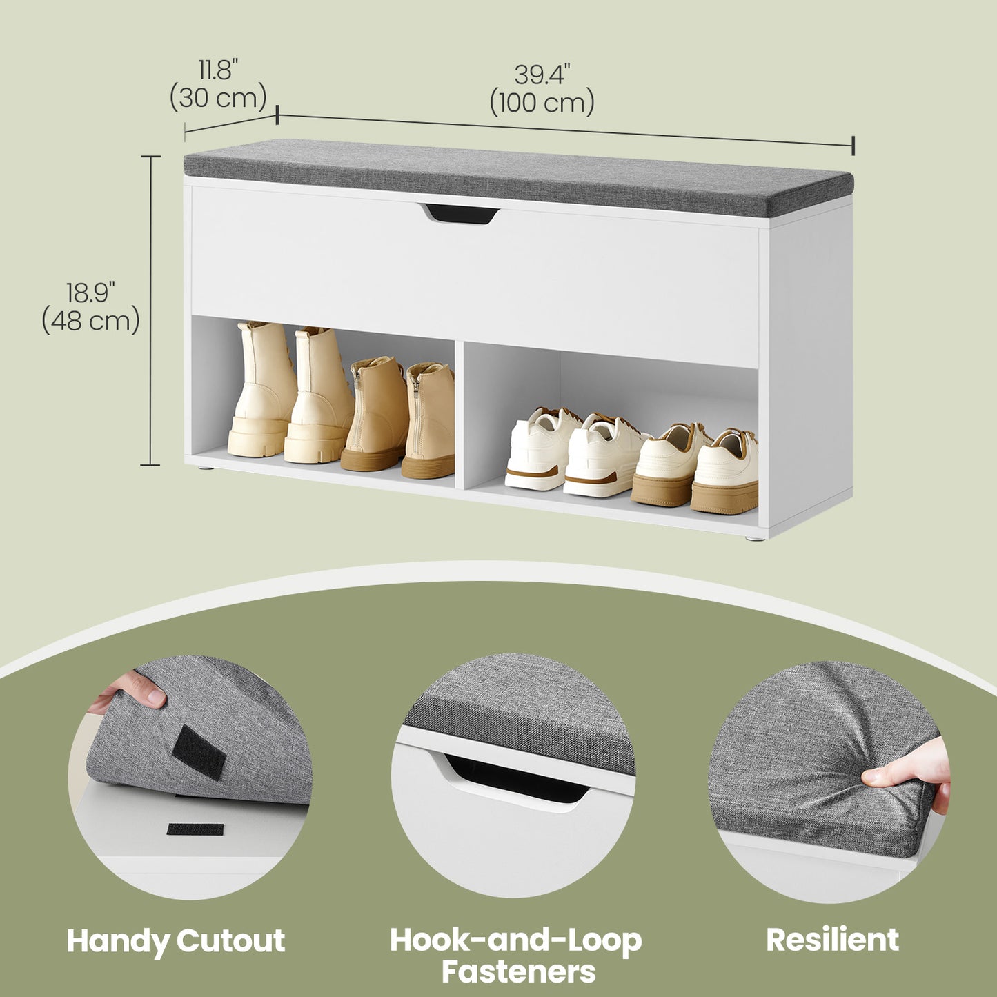 Entryway Shoe Bench with Removable Cushion, 300lb Capacity Storage Bench with 3 Compartments, 39.4"W, White and Gray