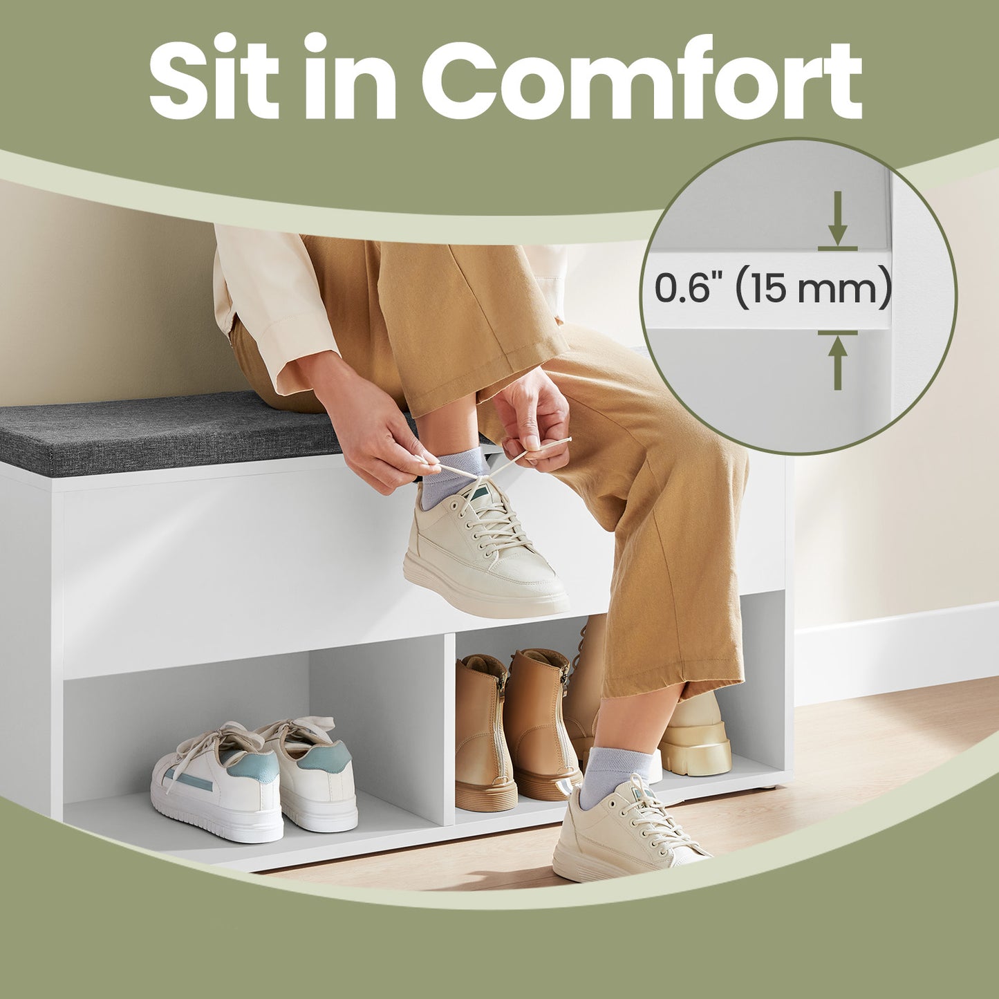 Entryway Shoe Bench with Removable Cushion, 300lb Capacity Storage Bench with 3 Compartments, 39.4"W, White and Gray