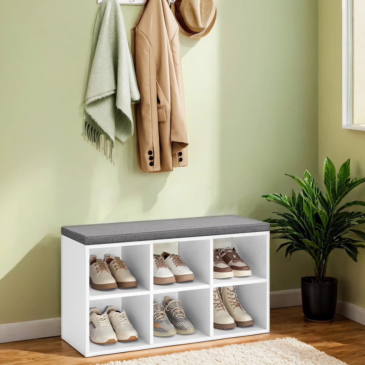 Shoe Storage Bench with Cushion, 6 Compartments & 3 Adjustable Shelves, Entryway or Closet Bench with Padded Seat, Compact 34.2-Inch, White
