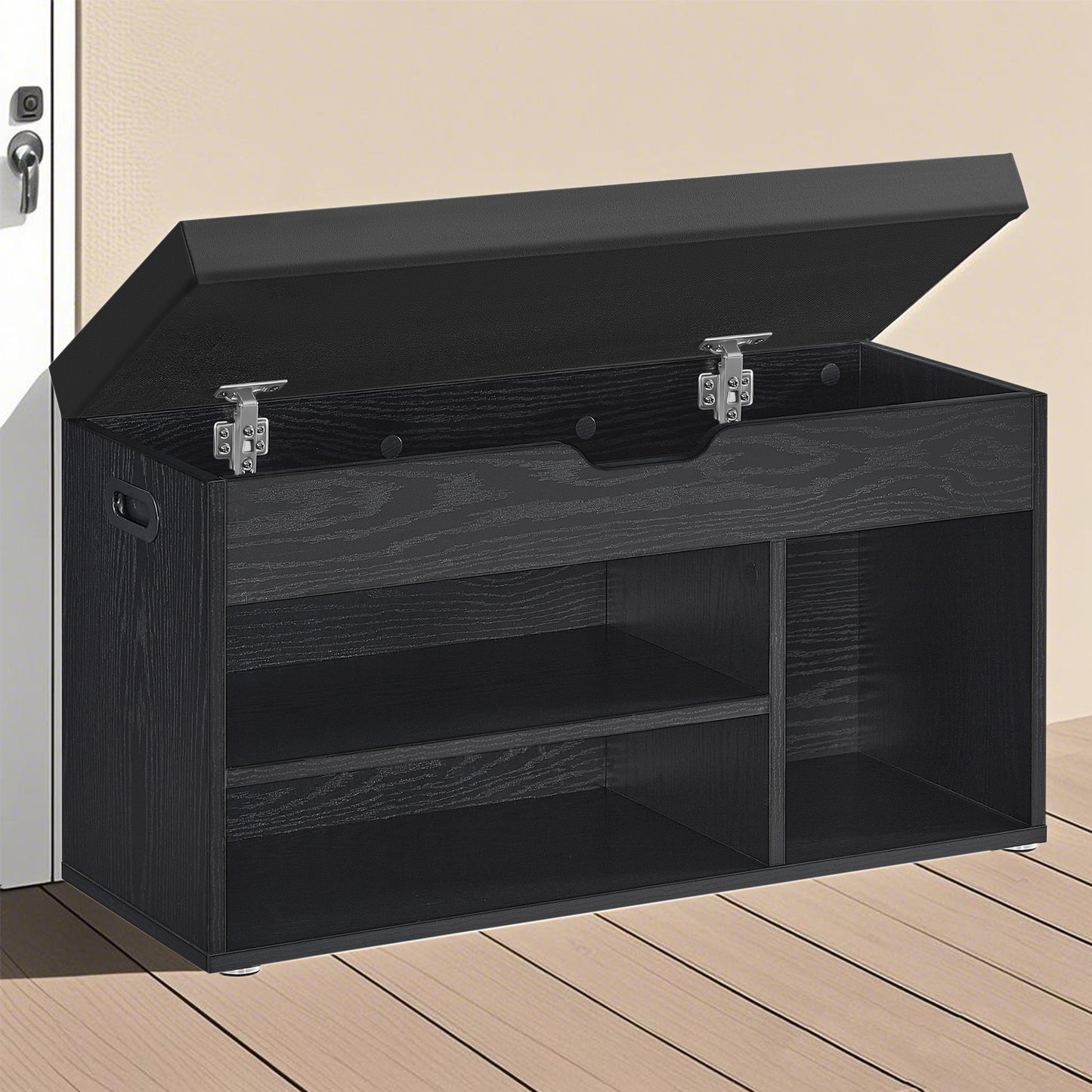 Storage Shoe Bench with Cushion, Padded Seat and Hidden Compartment, Entryway Bench with Open Shelves, 300 lb Capacity, 11.8 x 31.5 x 17.3 Inches, Ebony Black and Ink Black
