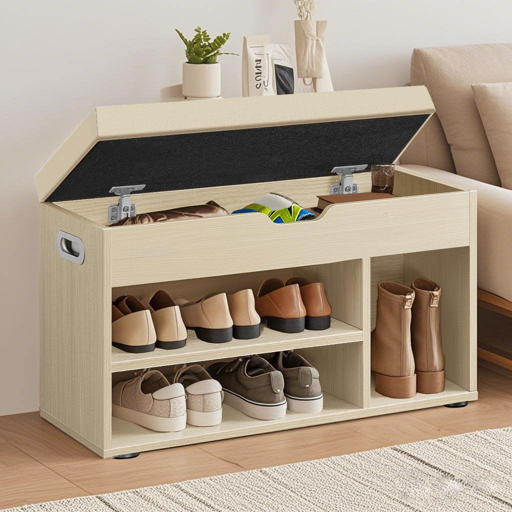 Collection Storage Bench with Cushioned Seat, 300lb Capacity Entryway Shoe Bench with Hidden Storage & Open Shelves, Beige