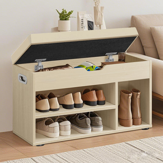Collection Storage Bench with Cushioned Seat, 300lb Capacity Entryway Shoe Bench with Hidden Storage & Open Shelves, Beige