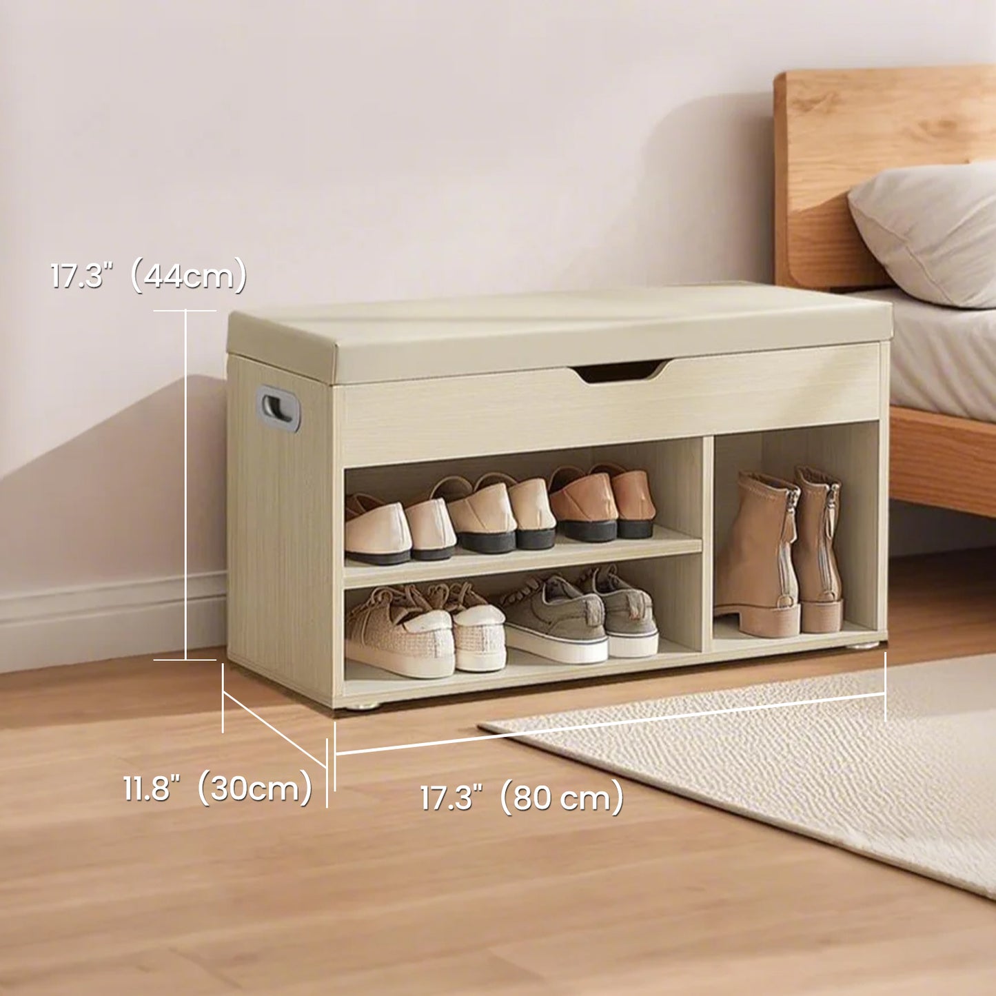 Collection Storage Bench with Cushioned Seat, 300lb Capacity Entryway Shoe Bench with Hidden Storage & Open Shelves, Beige