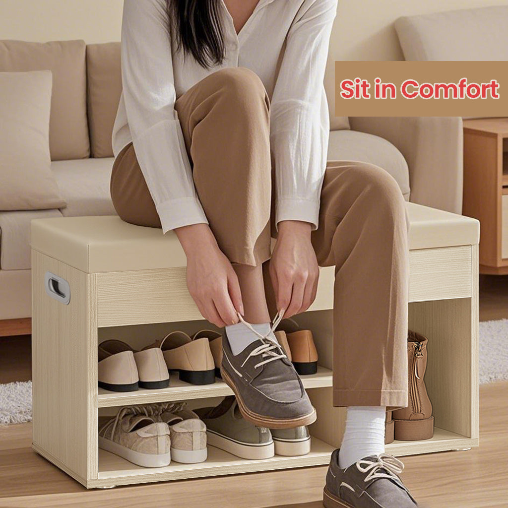 Collection Storage Bench with Cushioned Seat, 300lb Capacity Entryway Shoe Bench with Hidden Storage & Open Shelves, Beige
