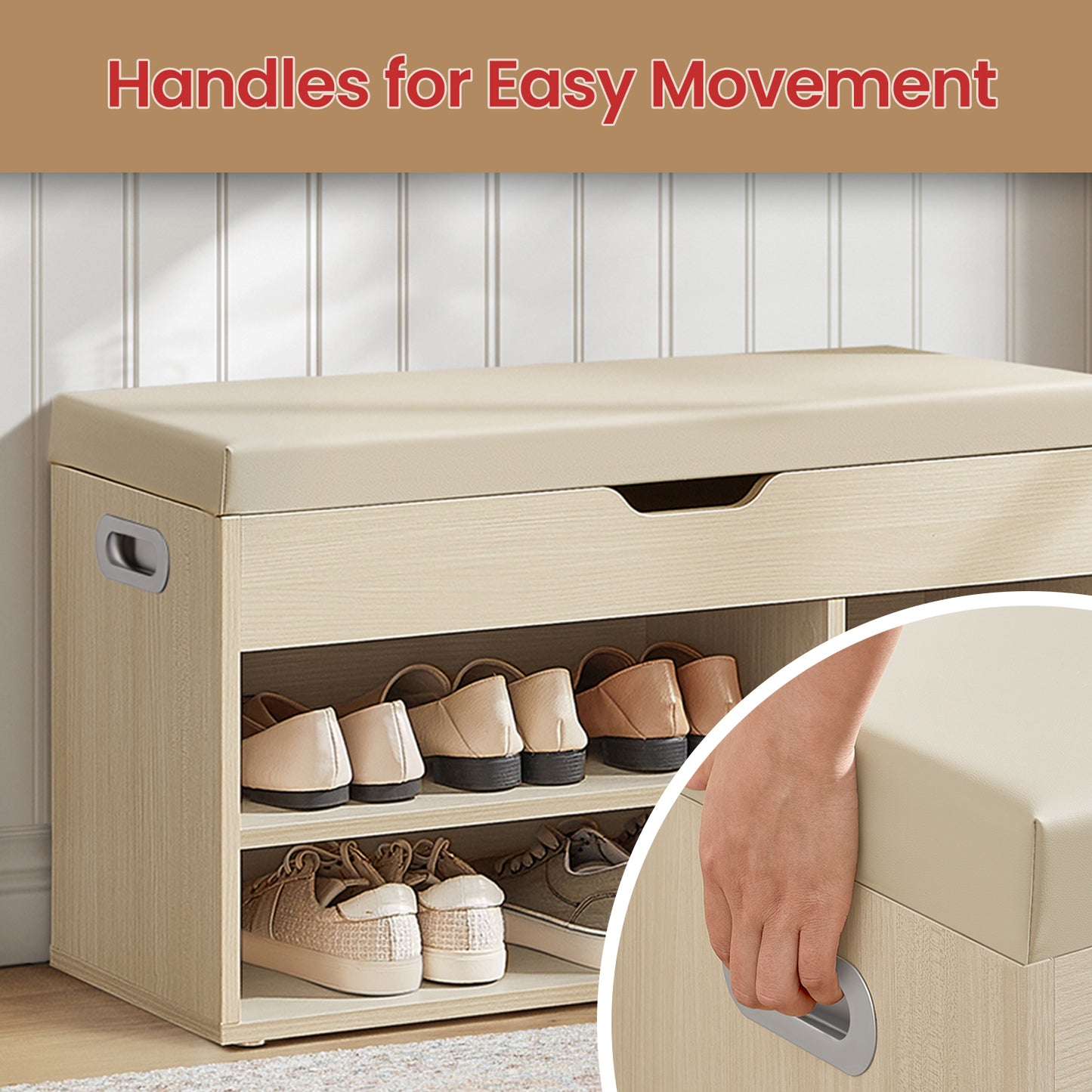 Collection Storage Bench with Cushioned Seat, 300lb Capacity Entryway Shoe Bench with Hidden Storage & Open Shelves, Beige
