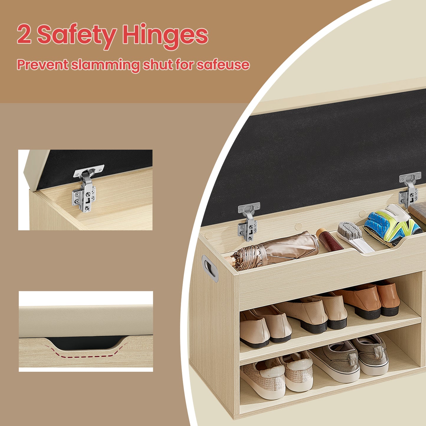 Collection Storage Bench with Cushioned Seat, 300lb Capacity Entryway Shoe Bench with Hidden Storage & Open Shelves, Beige