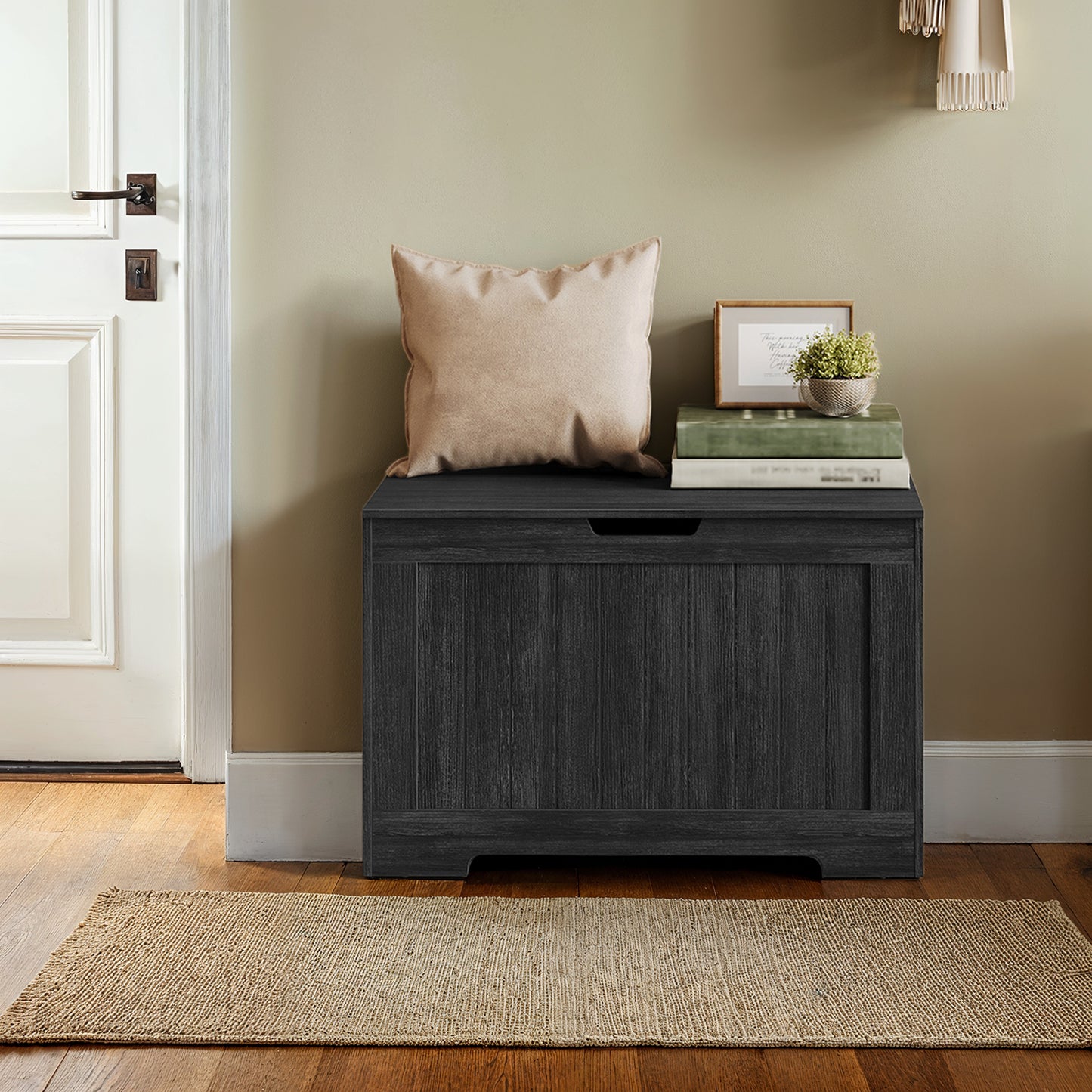 Farmhouse Storage Bench with Safety Hinges, 300lb Capacity Multi-Functional Entryway Seat, 29.9"W, Charcoal Gray
