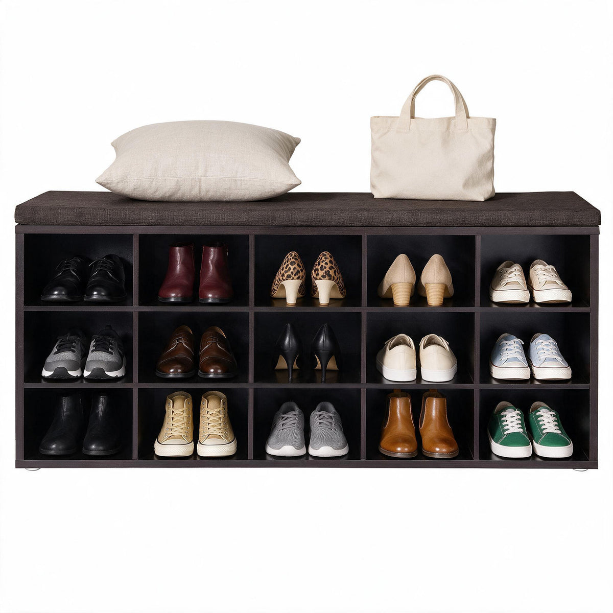 Shoe Bench, Storage Bench with Padded Seat, 15 Compartments, Adjustable Shelves, for Living Room, Hallway, Burgundy