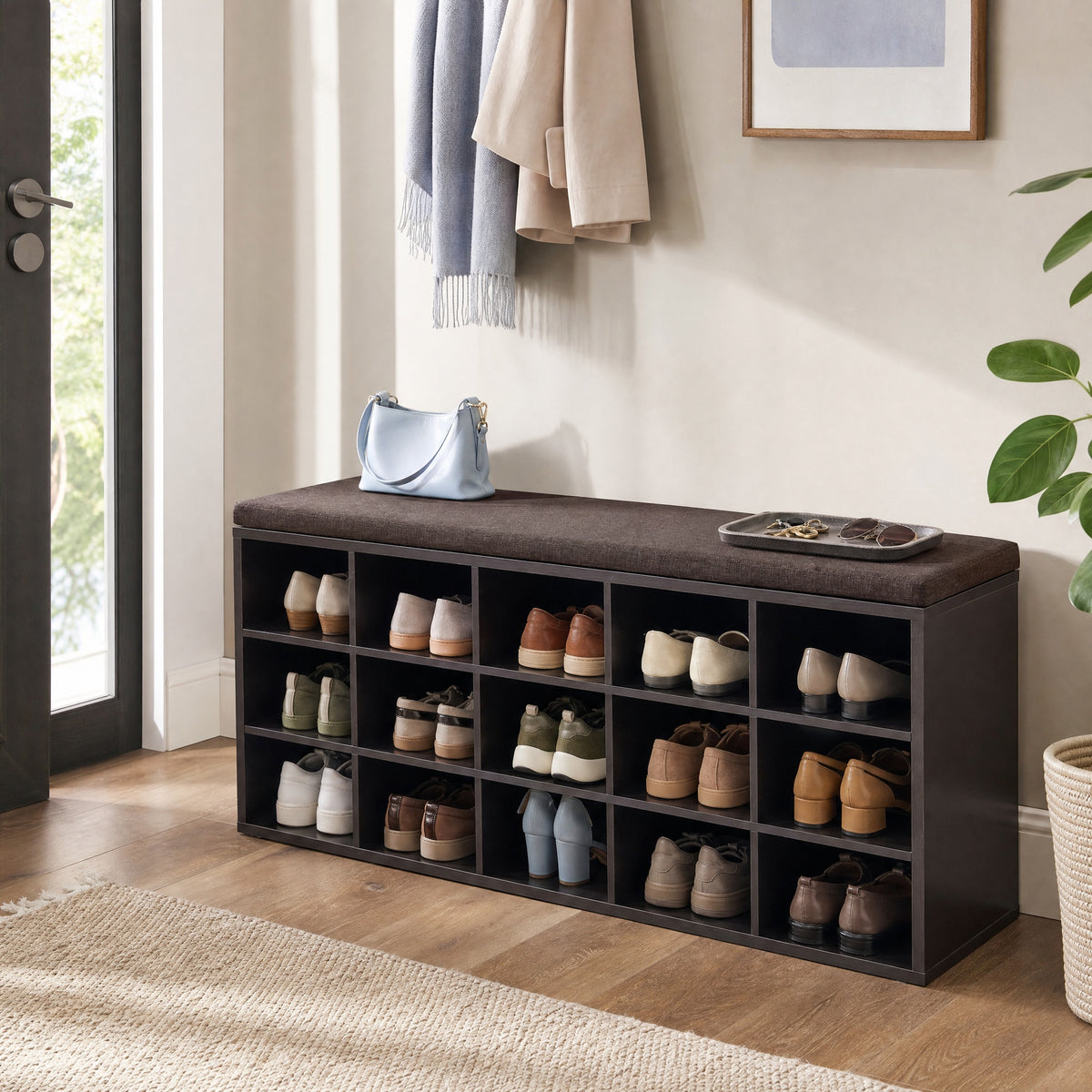 Shoe Bench, Storage Bench with Padded Seat, 15 Compartments, Adjustable Shelves, for Living Room, Hallway, Burgundy