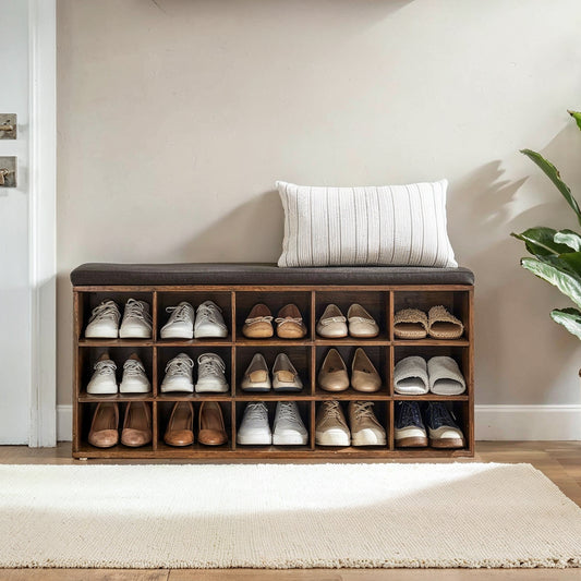 Entryway Shoe Bench with Storage - 15-Compartment Organizer with Removable Cushion, 440lb Capacity, Rustic and Chestnut Brown