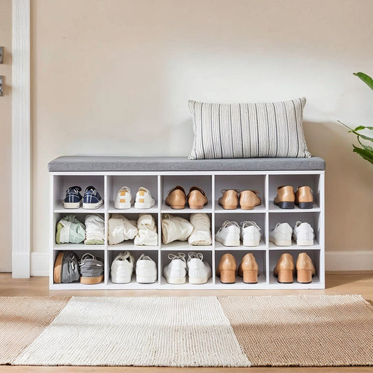 Entryway Shoe Bench with Storage - 15-Compartment Organizer with Removable Cushion, 440lb Capacity, Cloud White and Dove Gray