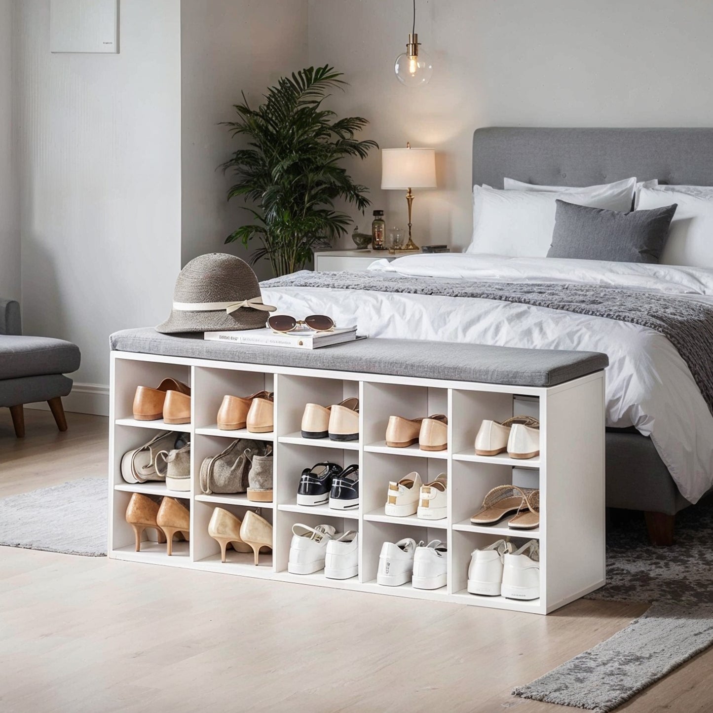 Entryway Shoe Bench with Storage - 15-Compartment Organizer with Removable Cushion, 440lb Capacity, Cloud White and Dove Gray