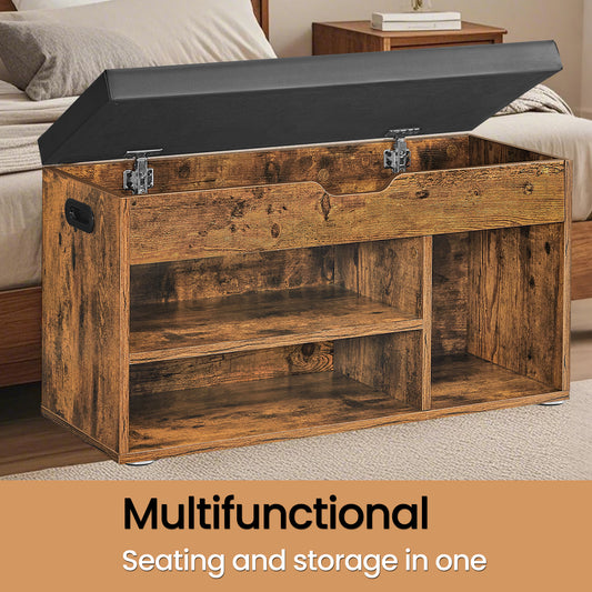 Collection Storage Bench with Padded Seat, 300lb Capacity Shoe Organizer with Compartment & Open Shelf, Rustic Brown and Black
