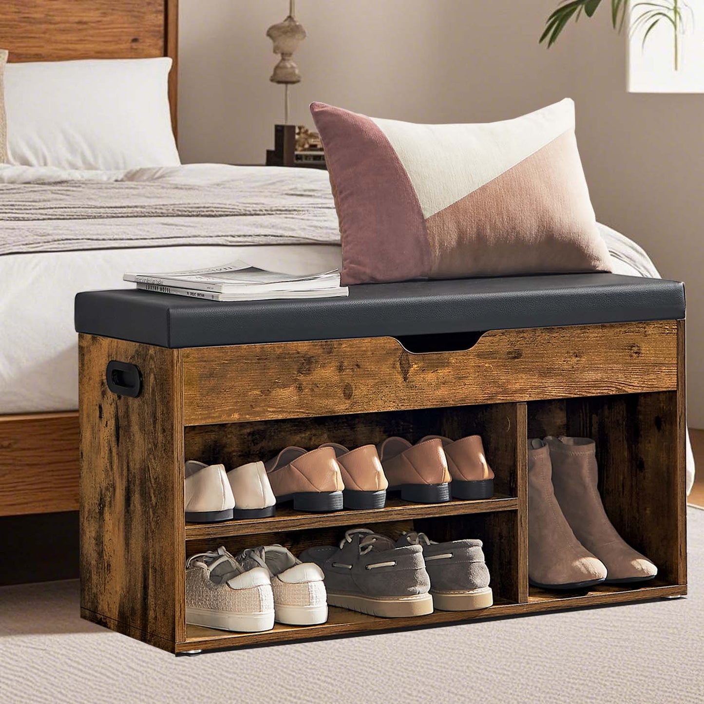 Farmhouse Storage Bench with Safety Hinges, 300lb Capacity Shoe Chest, Multi-Functional Seat for Bedroom, Living Room, Dove Gray