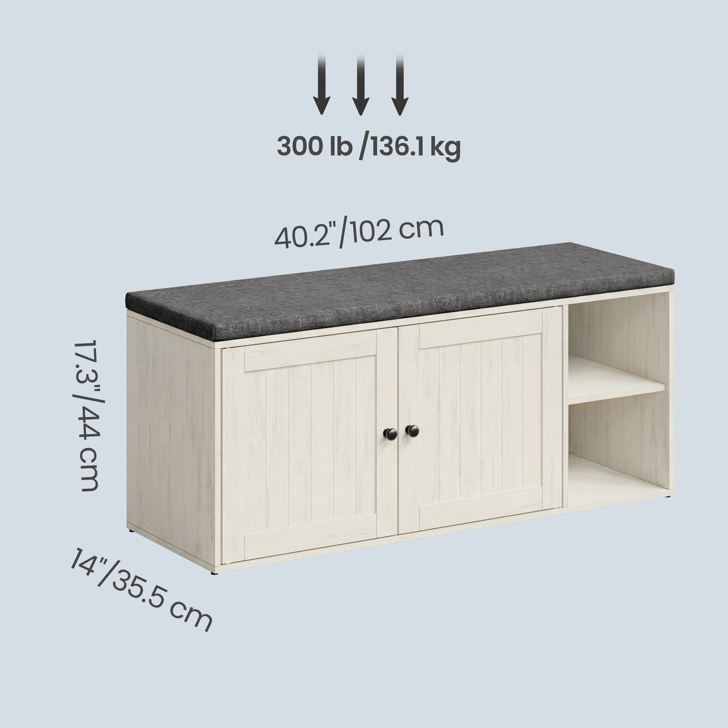 Storage Bench with Shoe Storage, Toolless Assembly Entryway Bench with Cushion & Adjustable Shelves, 40 x 17 x 14 Inches, Rustic White and Slate Gray
