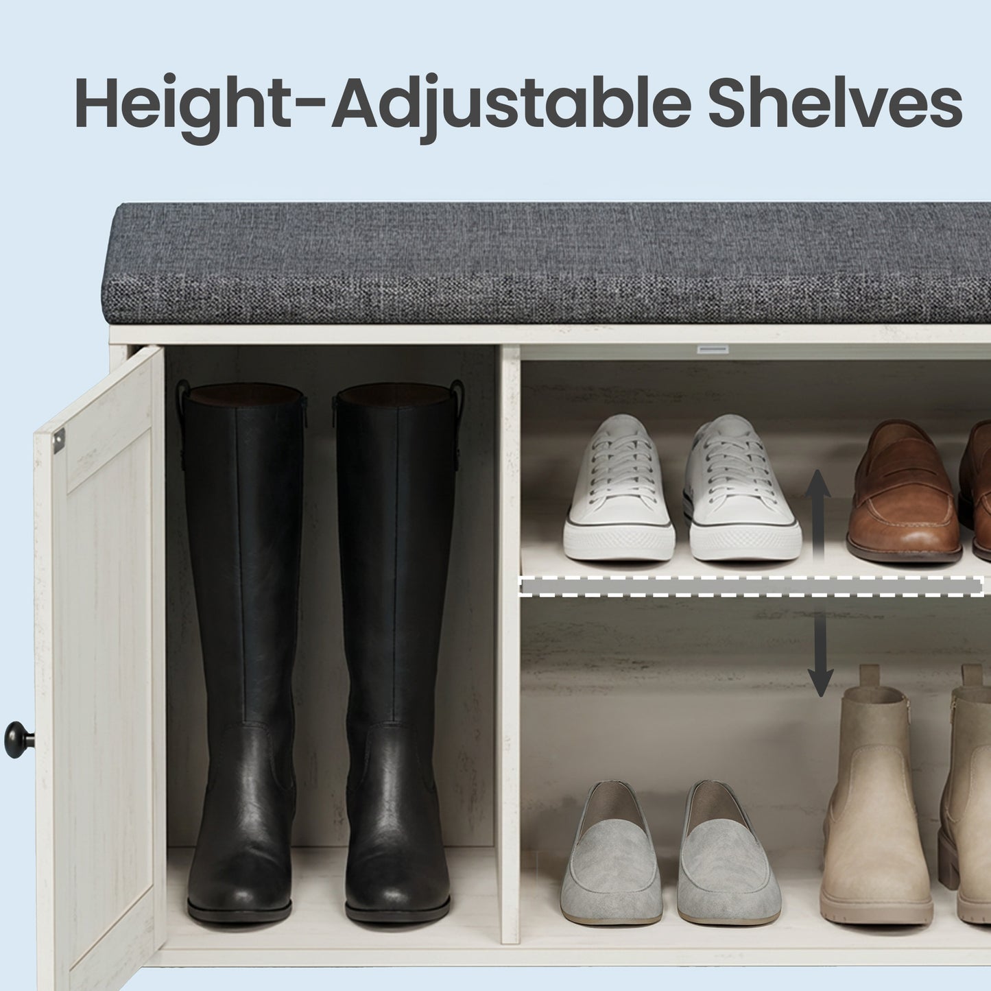 Storage Bench with Shoe Storage, Toolless Assembly Entryway Bench with Cushion & Adjustable Shelves, 40 x 17 x 14 Inches, Rustic White and Slate Gray