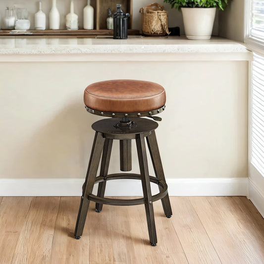 Set of 2 Adjustable Height Bar Stools with Swivel & Padded Seat, Steampunk Industrial Style for Kitchen Island and Bar, 24.6 to 29.3 Inches, Caramel Brown