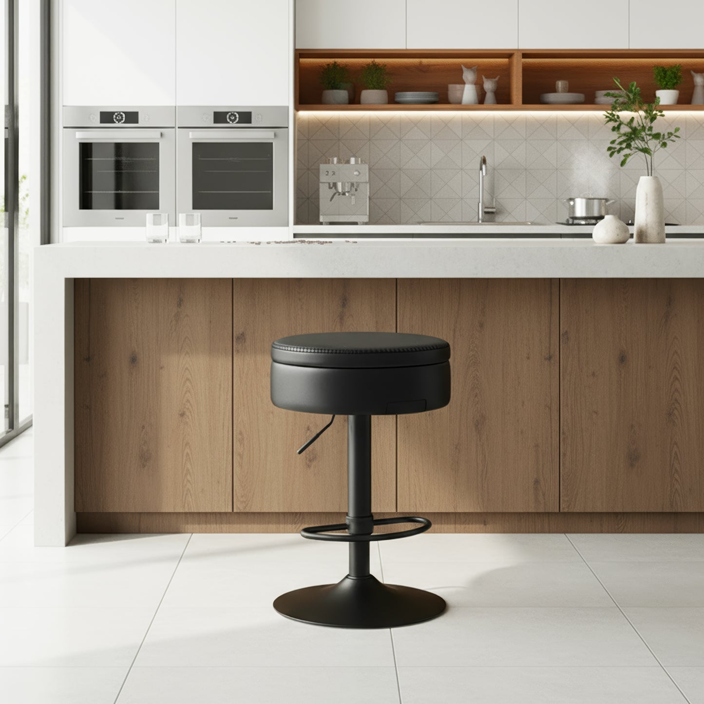 LEDREM 360° Swivel Bar Stool with Hidden Storage, Height Adjustable Counter Stool with Stitched Synthetic Leather Seat, Mid-Century Modern Kitchen Bar Stool, Ink Black