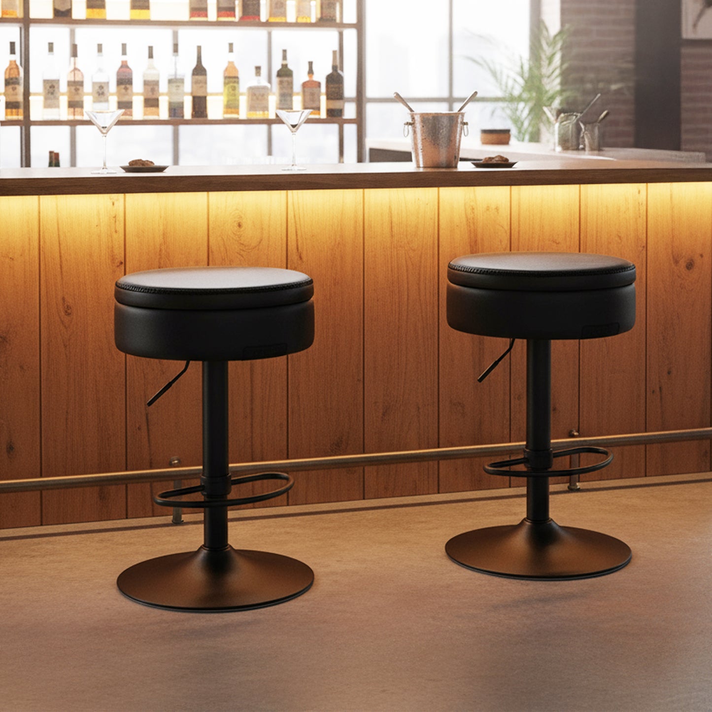 LEDREM 360° Swivel Bar Stool with Hidden Storage, Height Adjustable Counter Stool with Stitched Synthetic Leather Seat, Mid-Century Modern Kitchen Bar Stool, Ink Black