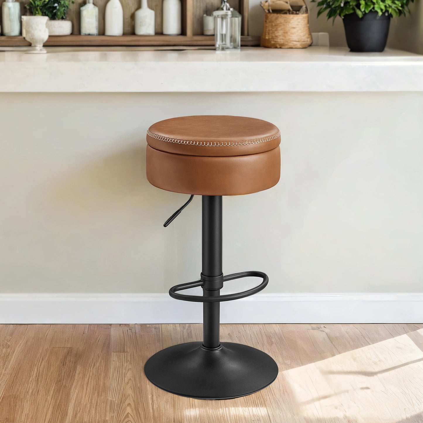 360° Swivel Bar Stool with Hidden Storage & Adjustable Height, Mid-Century Modern Style for Kitchen Island, Easy Assembly, Caramel Brown