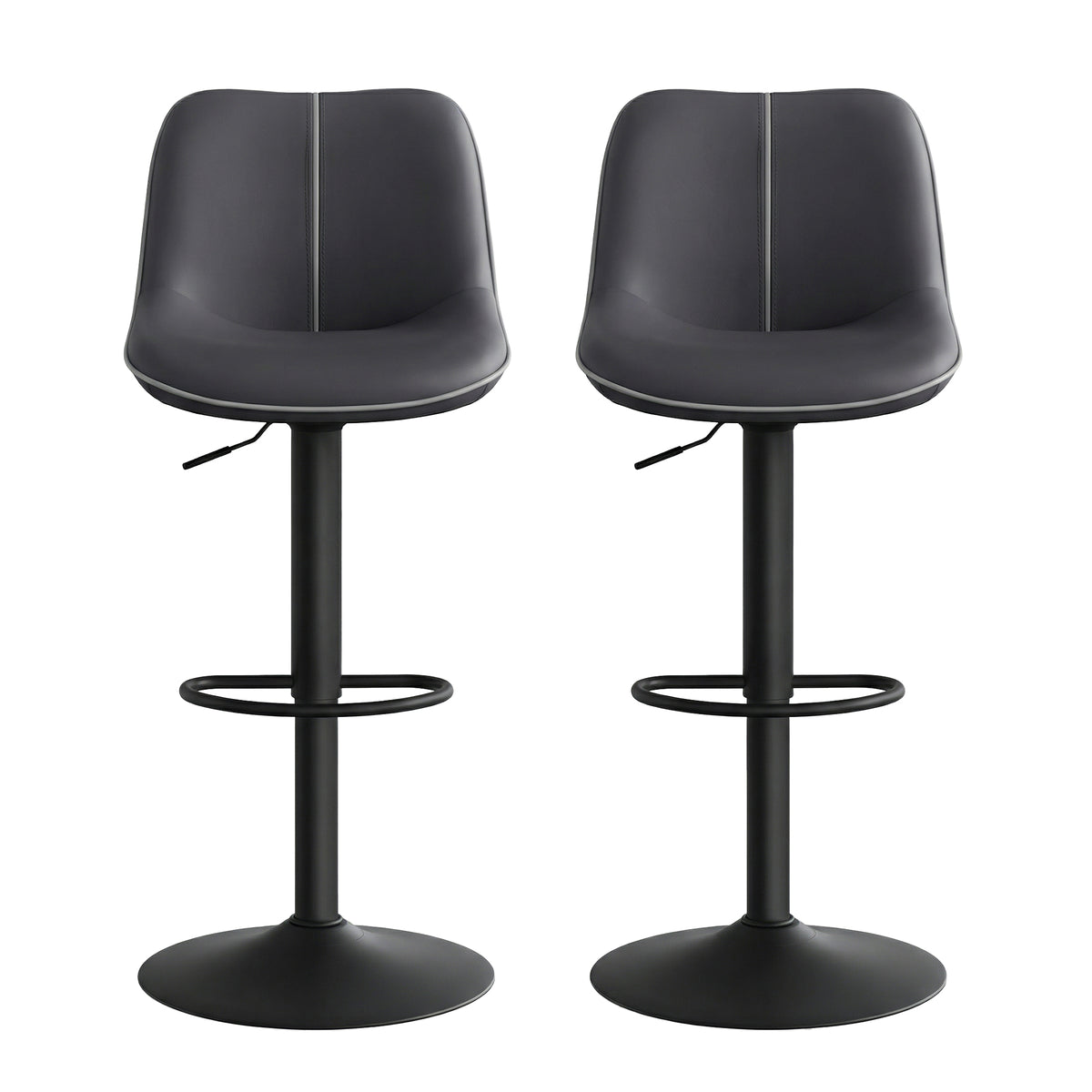 Set of 2 Adjustable Height Swivel Bar Stools, Ergonomic Backrest, Synthetic Leather, Larger Metal Base, Modern Tall Chairs, Ink Black