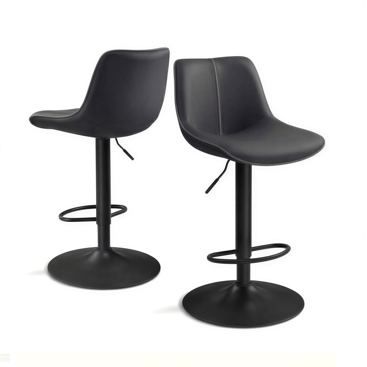 Set of 2 Adjustable Height Swivel Bar Stools, Ergonomic Backrest, Synthetic Leather, Larger Metal Base, Modern Tall Chairs, Ink Black