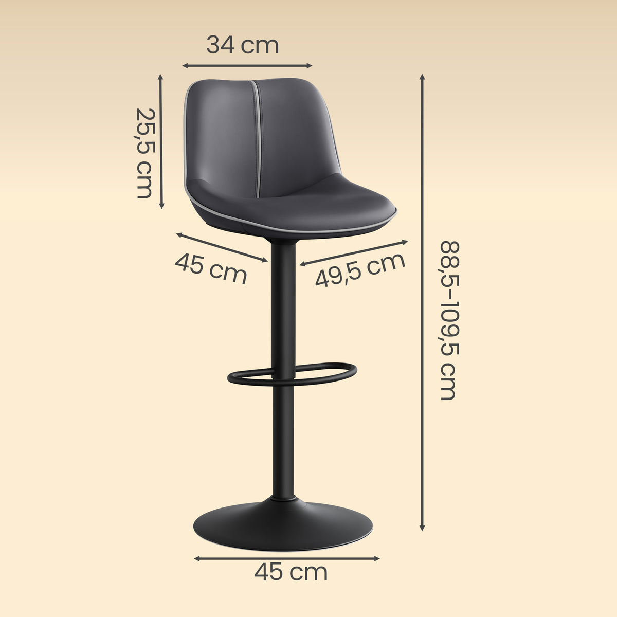 Set of 2 Adjustable Height Swivel Bar Stools, Ergonomic Backrest, Synthetic Leather, Larger Metal Base, Modern Tall Chairs, Ink Black