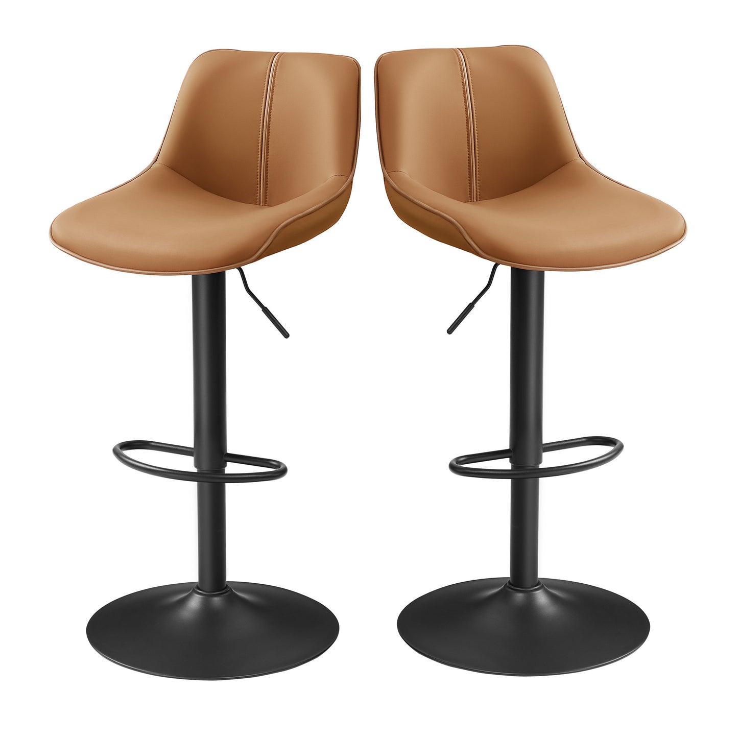 Set of 2 Adjustable Height Swivel Bar Stools, Ergonomic Backrest, Synthetic Leather, Larger Metal Base, Modern Tall Chairs, Caramel