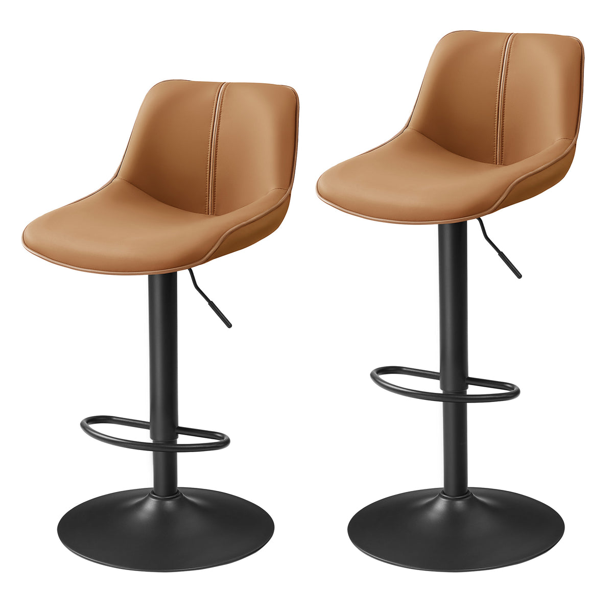 Set of 2 Adjustable Height Swivel Bar Stools, Ergonomic Backrest, Synthetic Leather, Larger Metal Base, Modern Tall Chairs, Caramel