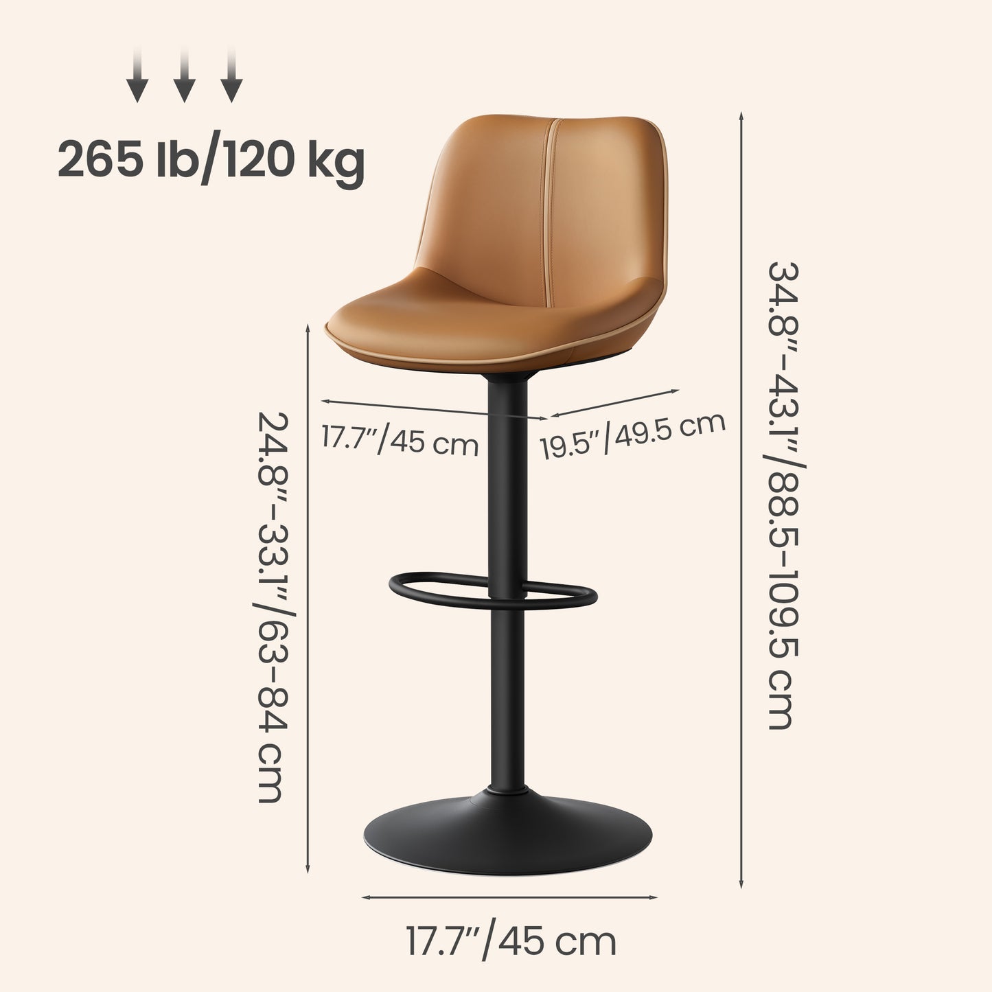 Set of 2 Adjustable Height Swivel Bar Stools, Ergonomic Backrest, Synthetic Leather, Larger Metal Base, Modern Tall Chairs, Caramel