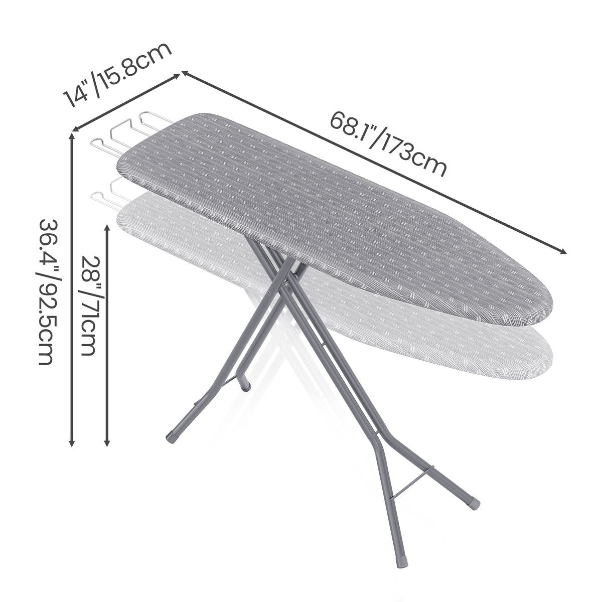 Ironing Board, Full Size Foldable, Height Adjustable with Hook, Heavy-Duty Steel Frame, 54 x 14 Inches, Gray