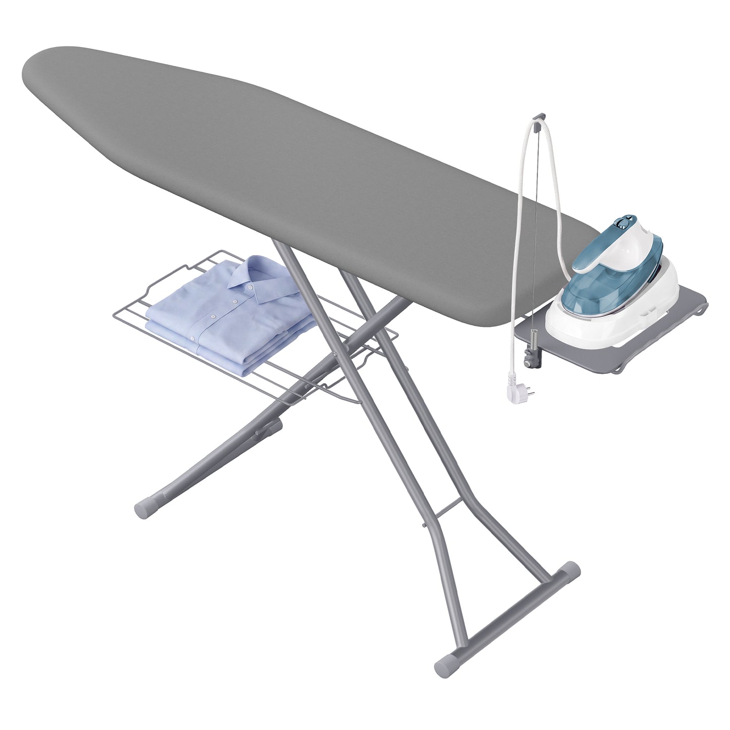 Ironing Board, Folding Steel Frame with Iron Rest and Storage Rack, 63 x 14.8 x 29.9-37.4 inches, Grey