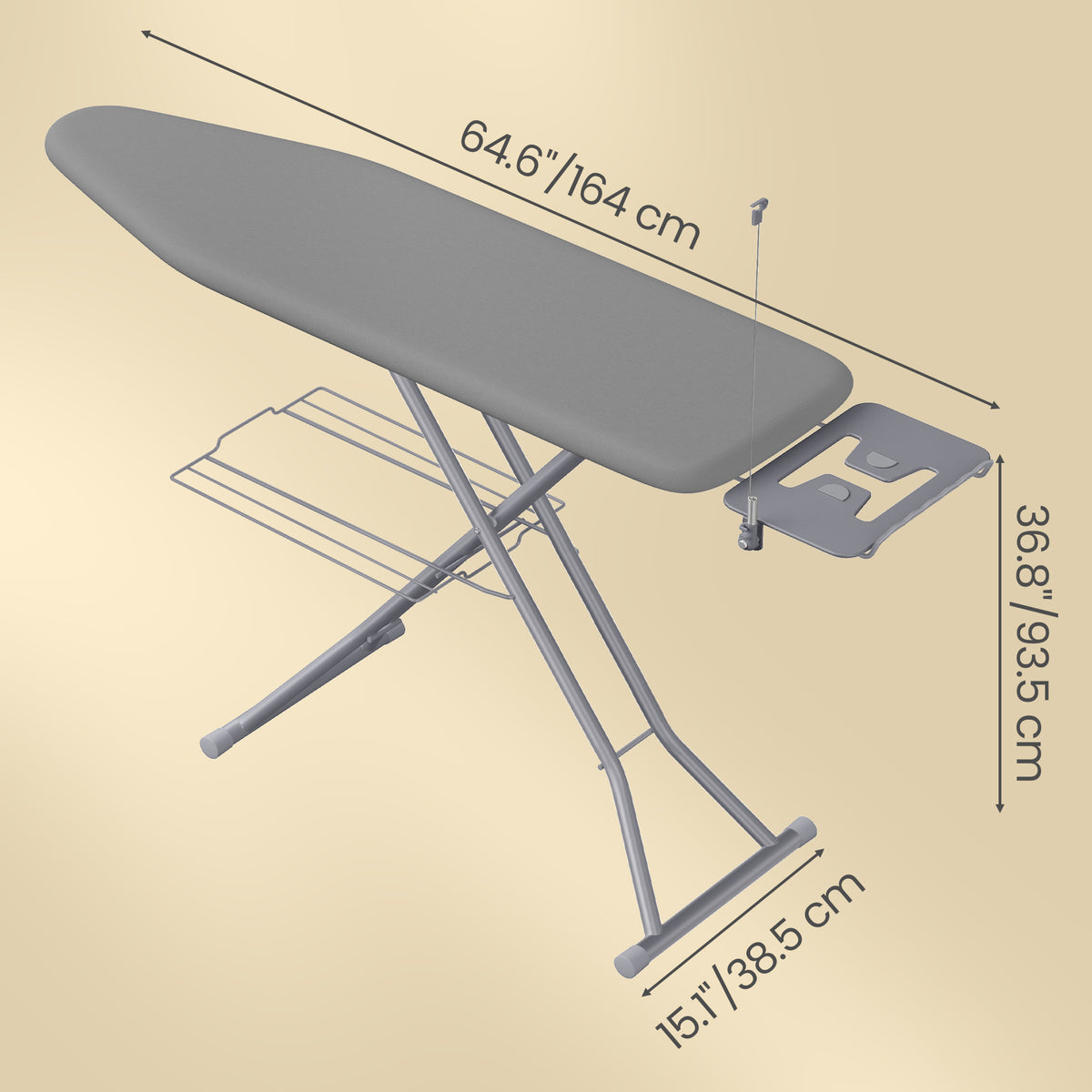 Ironing Board, Folding Steel Frame with Iron Rest and Storage Rack, 63 x 14.8 x 29.9-37.4 inches, Grey