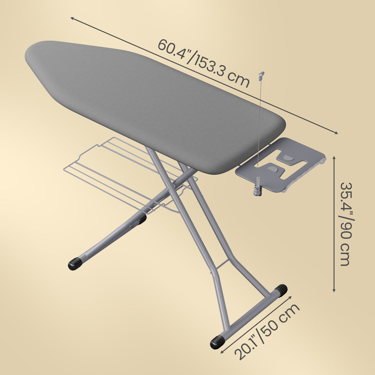 Ironing Board, Folding Steel Frame with Iron Rest and Storage Rack, 58.3 x 18.5 x 28.3-36.2 inches, Grey