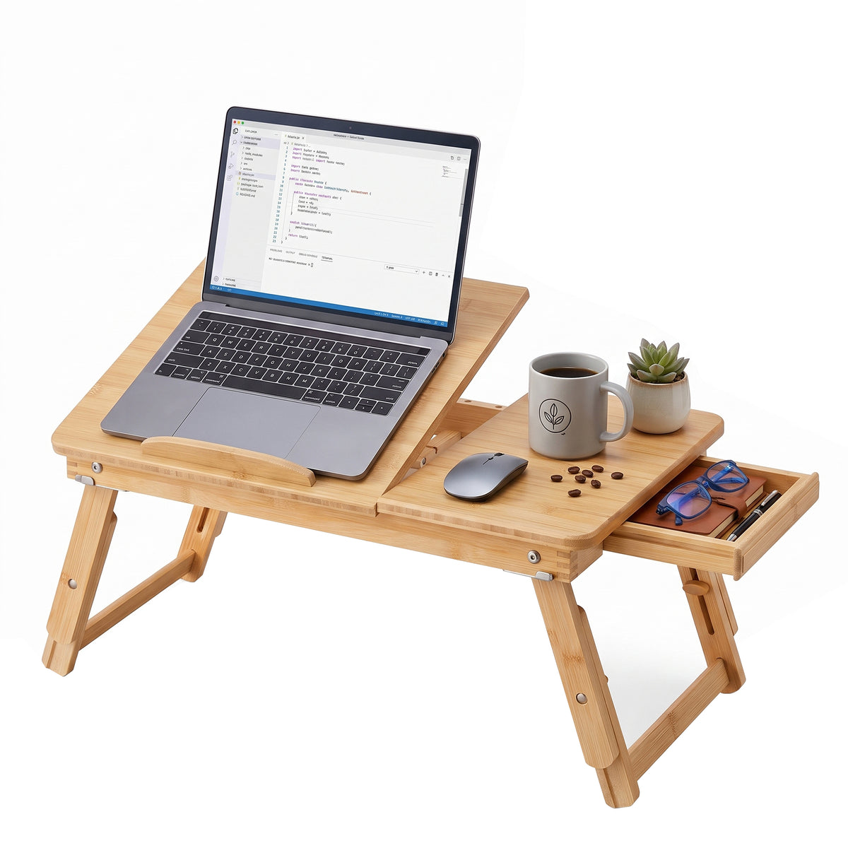 LEDREM Adjustable Bamboo Lap Desk, Foldable Laptop Bed Tray Table, 21.7 x 13.8 x 9.1-12.6 inches, Natural