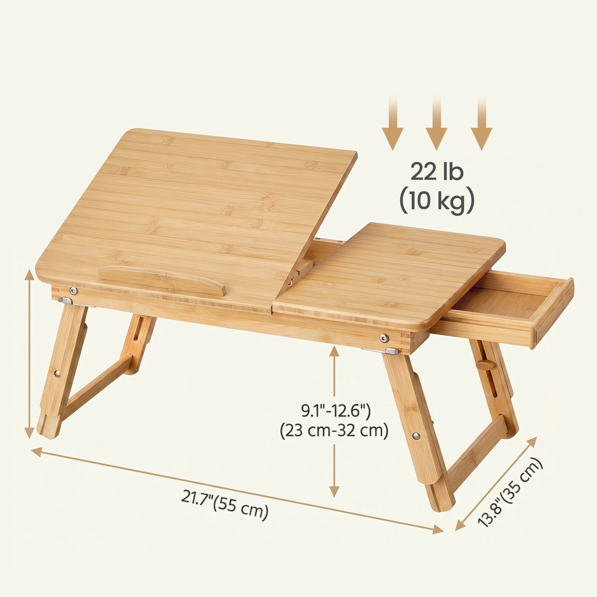 LEDREM Adjustable Bamboo Lap Desk, Foldable Laptop Bed Tray Table, 21.7 x 13.8 x 9.1-12.6 inches, Natural