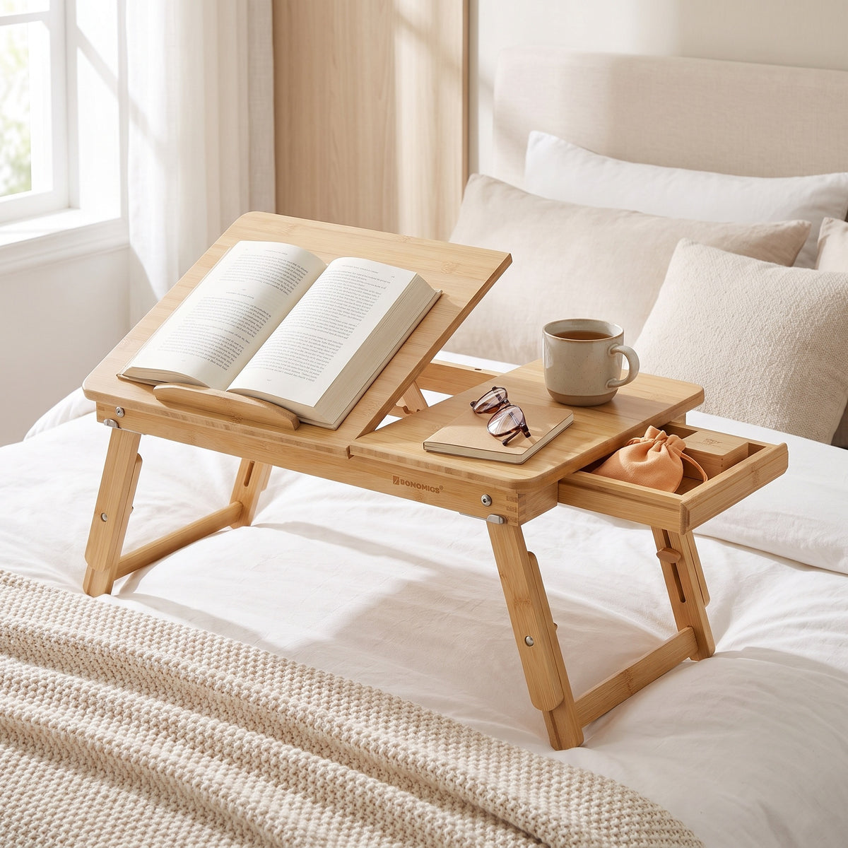 LEDREM Adjustable Bamboo Lap Desk, Foldable Laptop Bed Tray Table, 21.7 x 13.8 x 9.1-12.6 inches, Natural