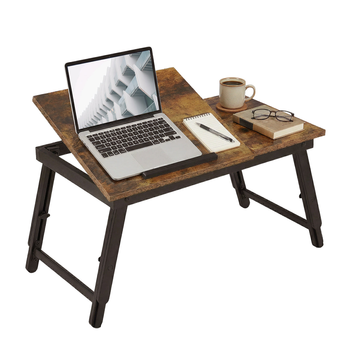 LEDREM Breakfast Tray with Folding Legs, Laptop Desk with Tilting Top, Fits up to 15.6 Inches Laptop, Rustic Brown and Matte Black